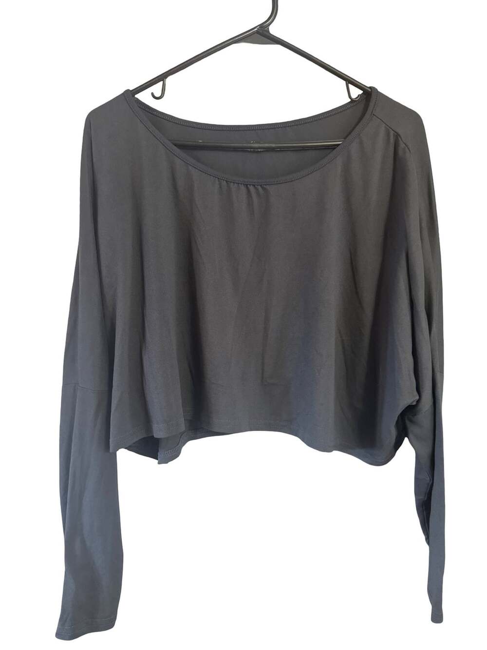 SHEIN Solid Color Drop Shoulder Asymmetric Collar Long Sleeve Cropped T-Shirt